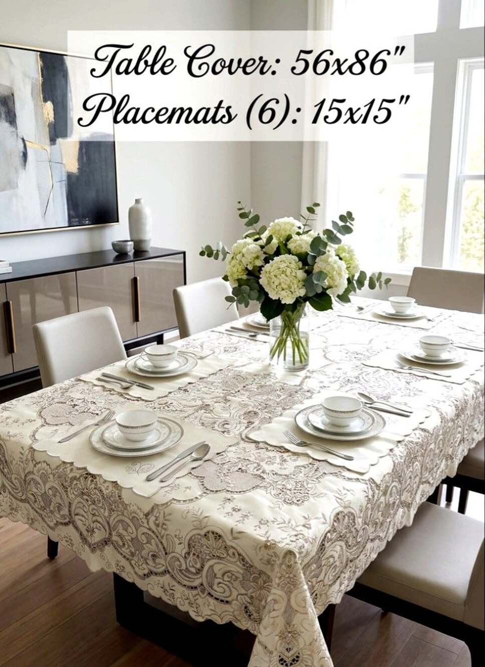 Handmade Dining Table Liner/Cover Set Embroidered Satin Floral Elegant ~7 Piece
